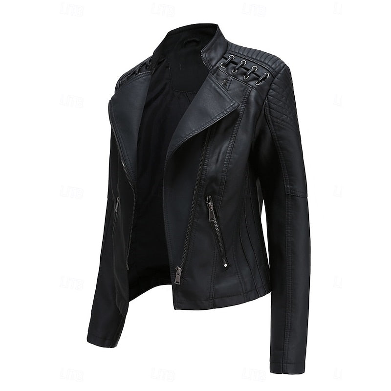 Biker Jacket Women's Tailored Cut with Asymmetrical Zip - 3 - Stylewhipped