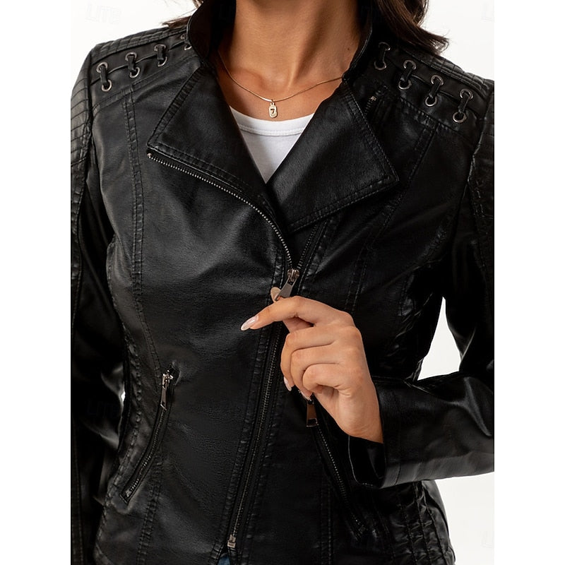 Biker Jacket Women's Tailored Cut with Asymmetrical Zip - 4 - Stylewhipped