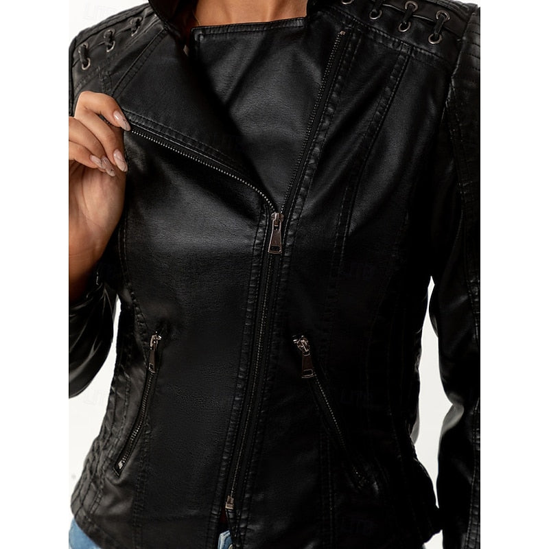 Biker Jacket Women's Tailored Cut with Asymmetrical Zip - 5 - Stylewhipped