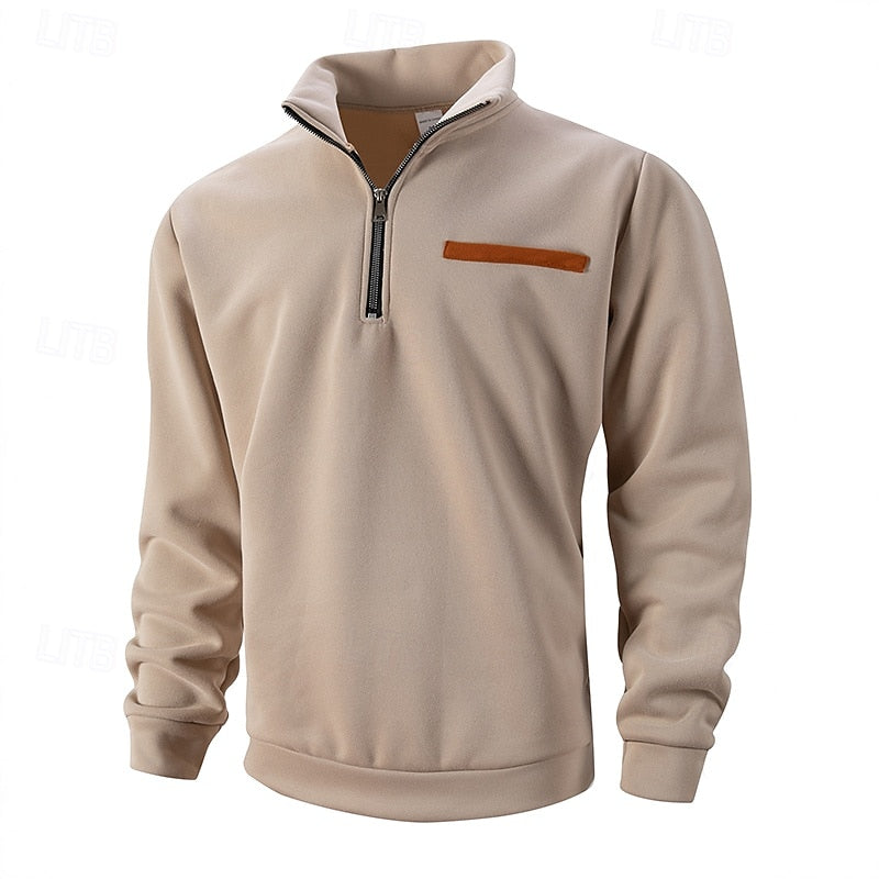 Men's Pullover with Zip Collar and Contrast Pocket - 1 - Stylewhipped