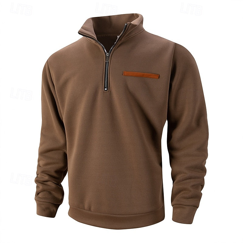Men's Pullover with Zip Collar and Contrast Pocket - 2 - Stylewhipped