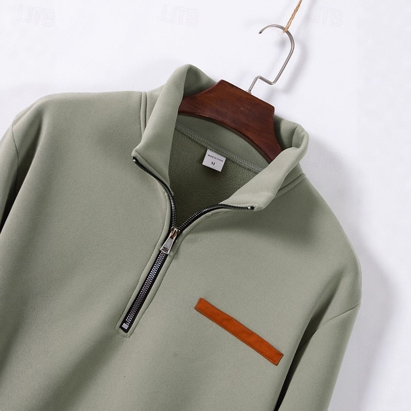 Men's Pullover with Zip Collar and Contrast Pocket - 5 - Stylewhipped