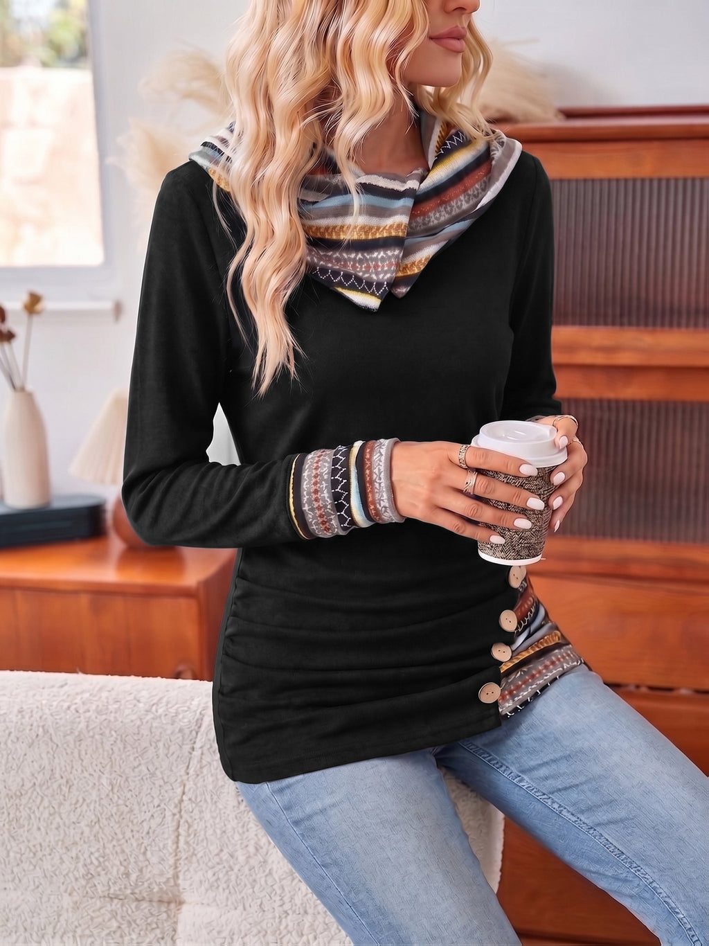 Pullover Women's Long Sleeve with Hood and Button Detail - 5 - Stylewhipped