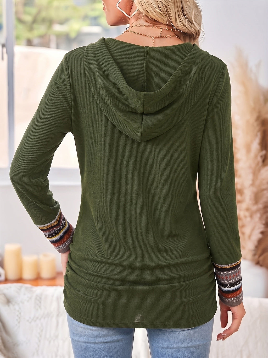 Pullover Women's Long Sleeve with Hood and Button Detail - 10 - Stylewhipped