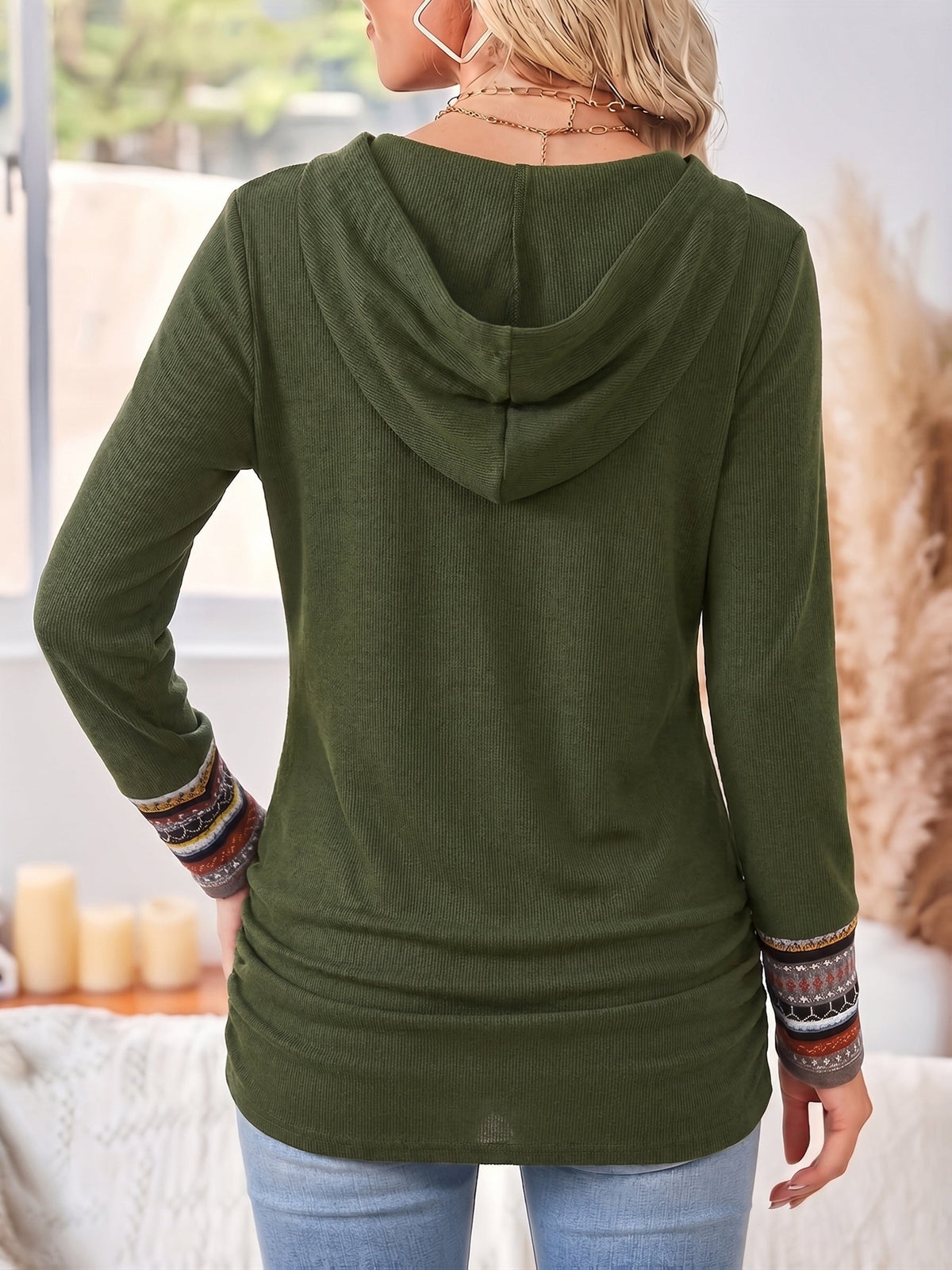Pullover Women's Long Sleeve with Hood and Button Detail - 10 - Stylewhipped
