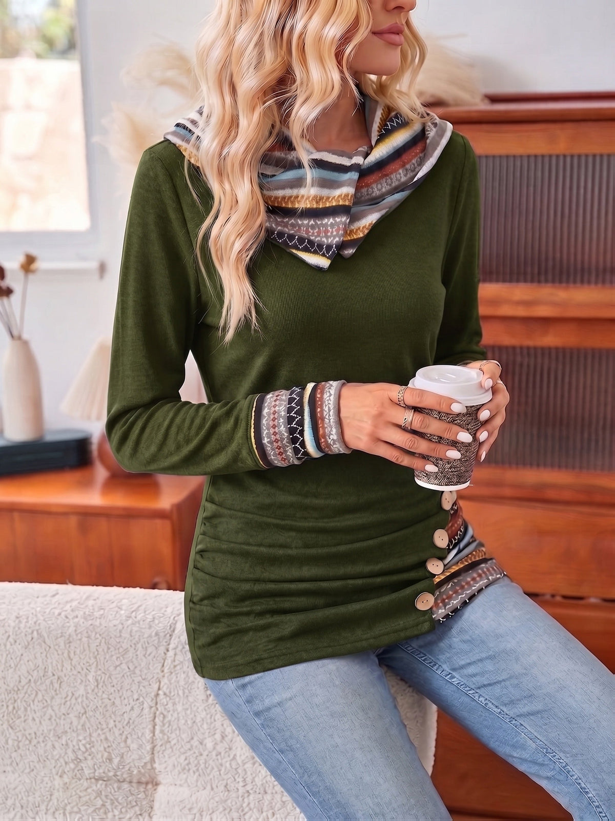 Pullover Women's Long Sleeve with Hood and Button Detail - 12 - Stylewhipped