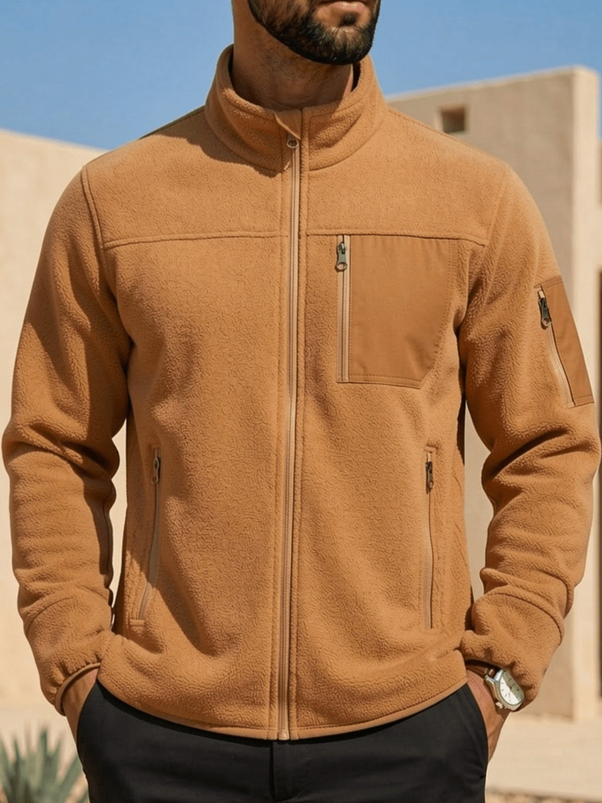 Stylish Fleece Jacket for Men with Stand-Up Collar and Functional Pockets - 3 - Stylewhipped