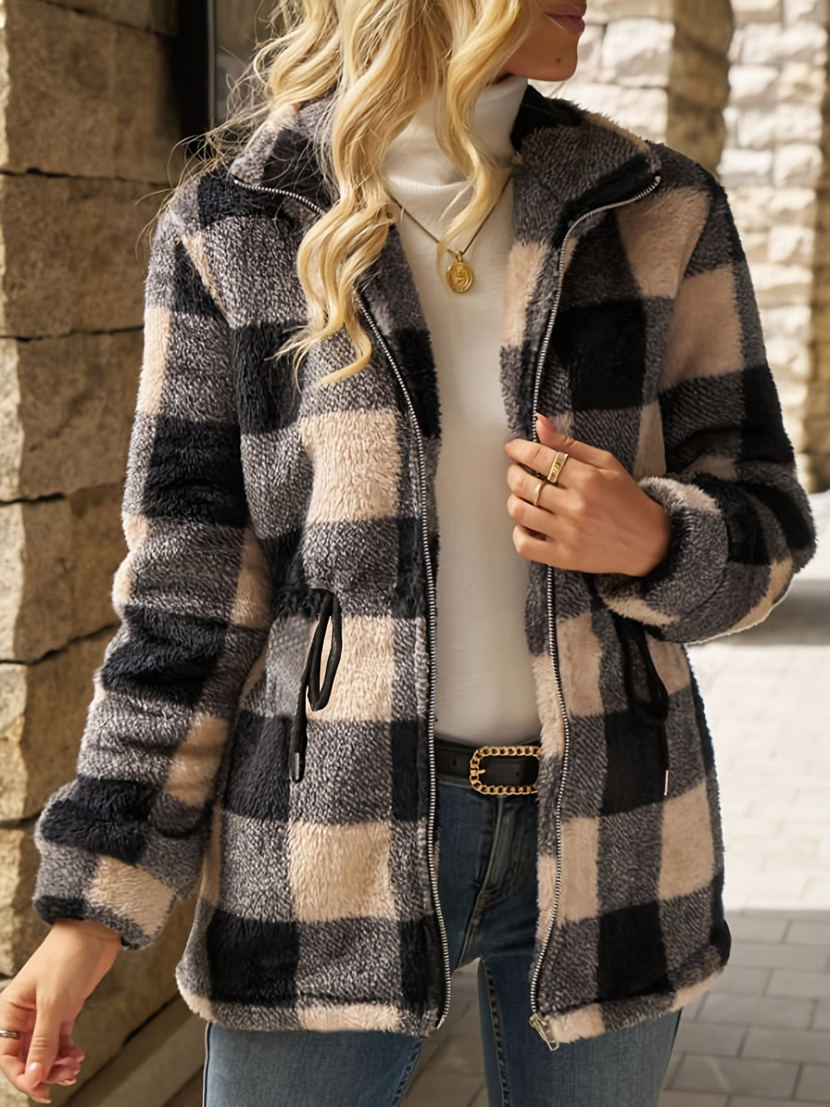 Checked Women's Jacket with Adjustable Waist Tie and Hood - 1 - Stylewhipped