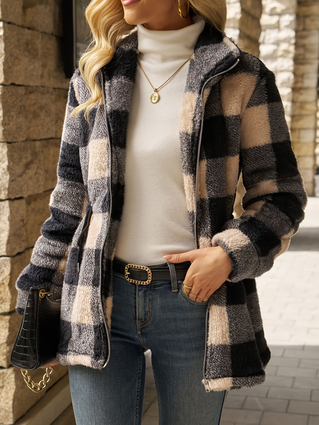 Checked Women's Jacket with Adjustable Waist Tie and Hood - 2 - Stylewhipped