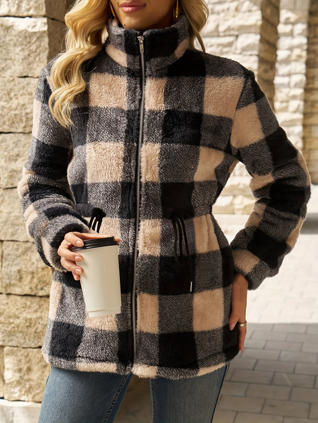 Checked Women's Jacket with Adjustable Waist Tie and Hood - 4 - Stylewhipped