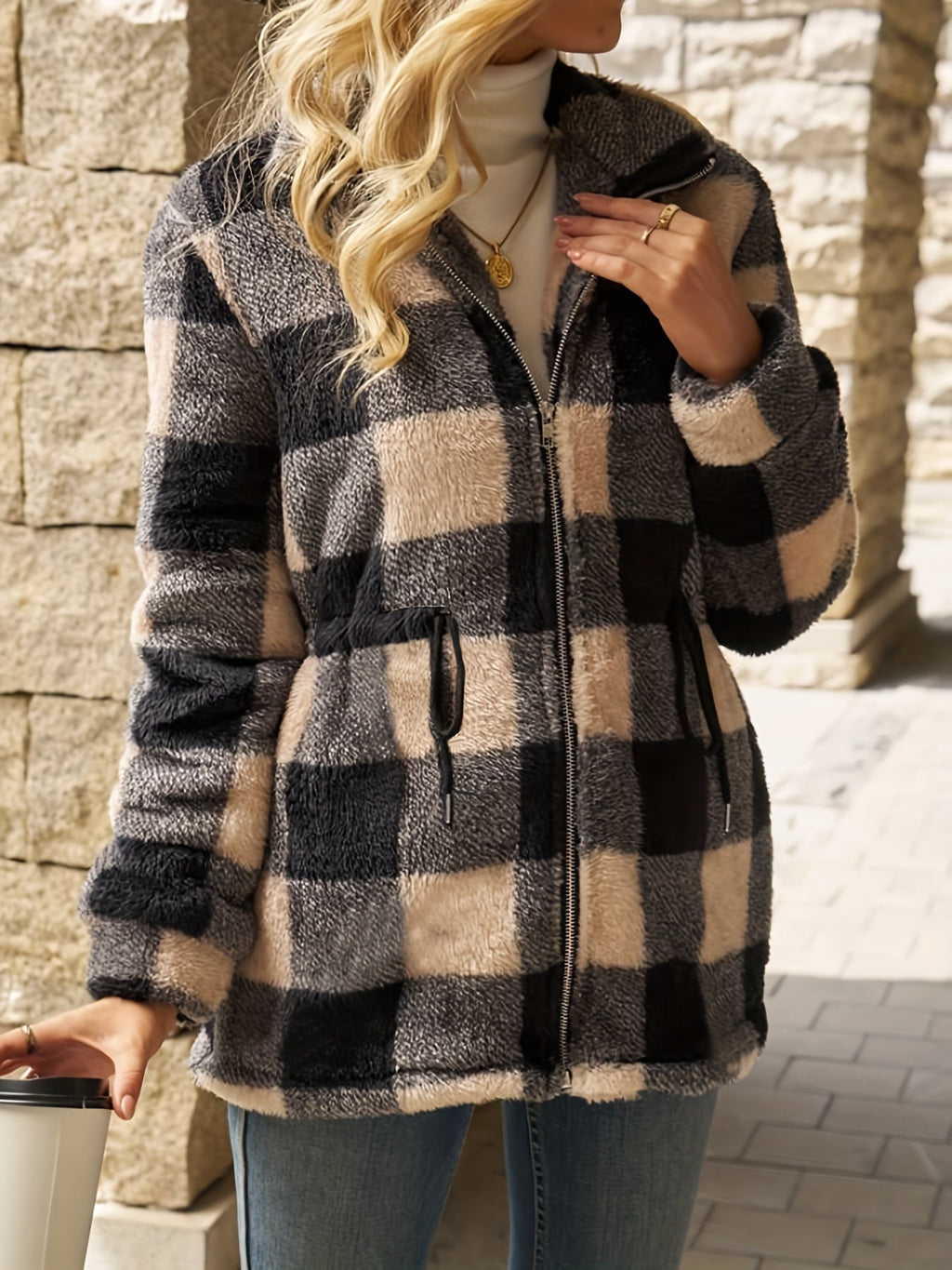Checked Women's Jacket with Adjustable Waist Tie and Hood - 5 - Stylewhipped