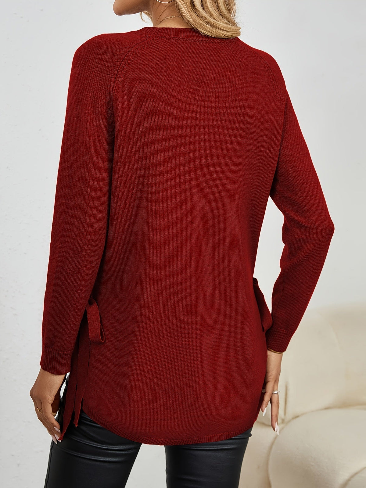 Long-Sleeved Women's Sweater with Side Slits - 2 - Stylewhipped