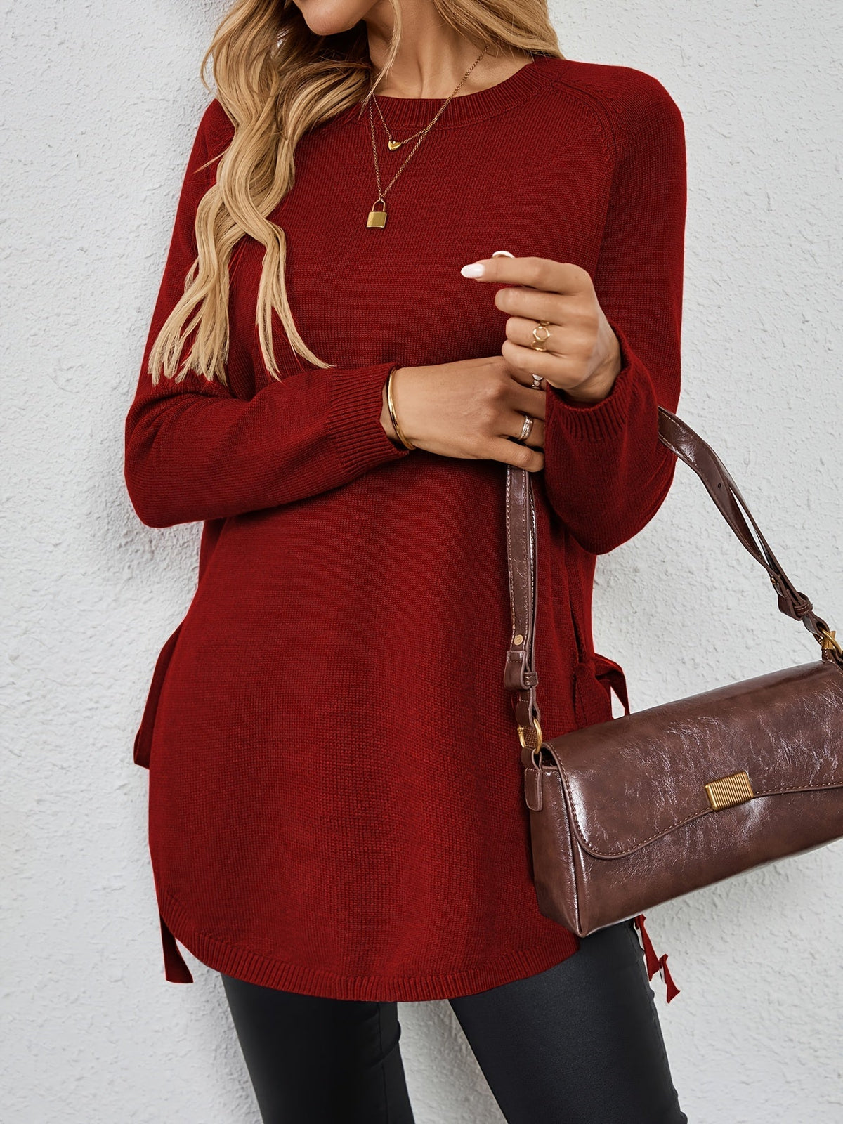 Long-Sleeved Women's Sweater with Side Slits - 6 - Stylewhipped