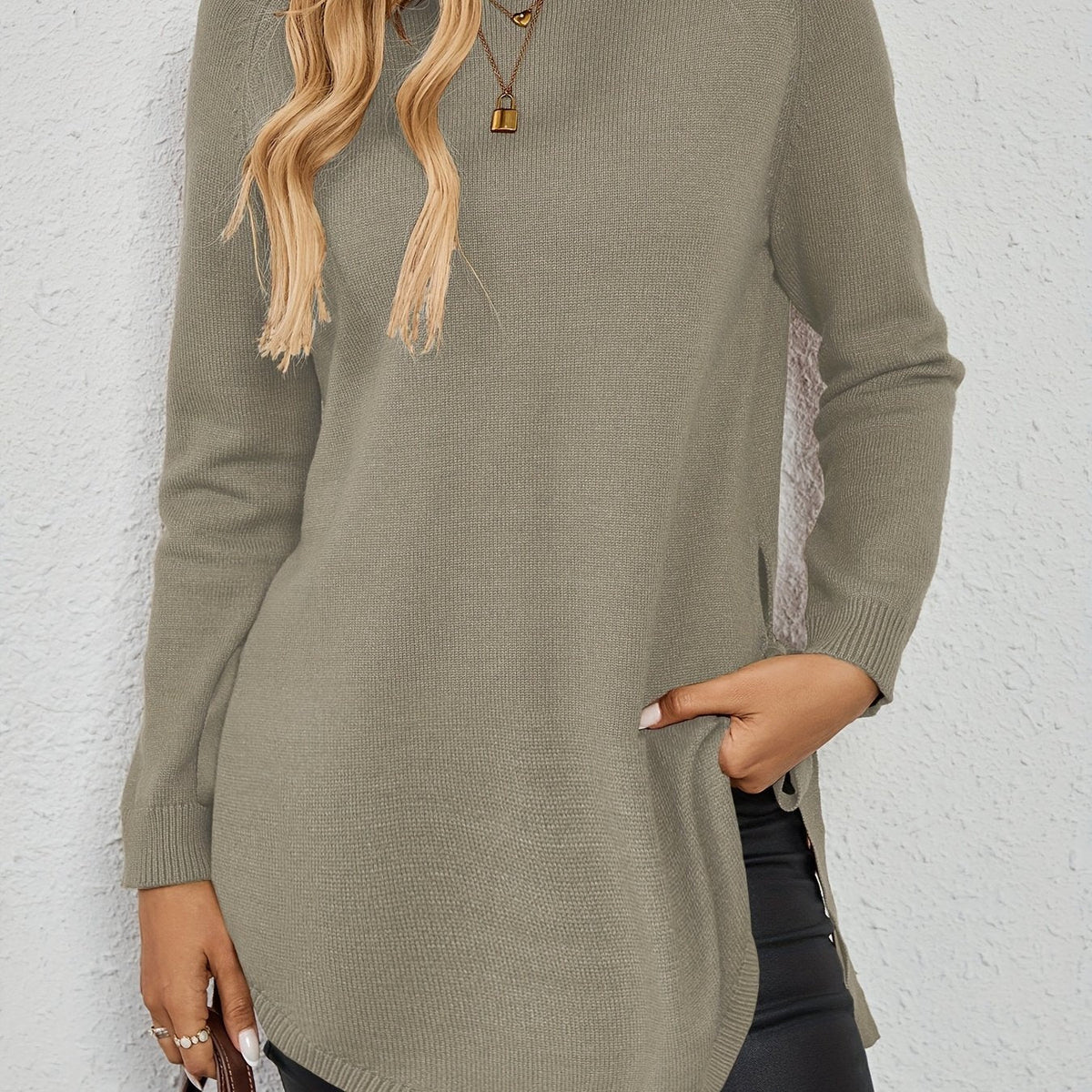 Long-Sleeved Women's Sweater with Side Slits - 7 - Stylewhipped