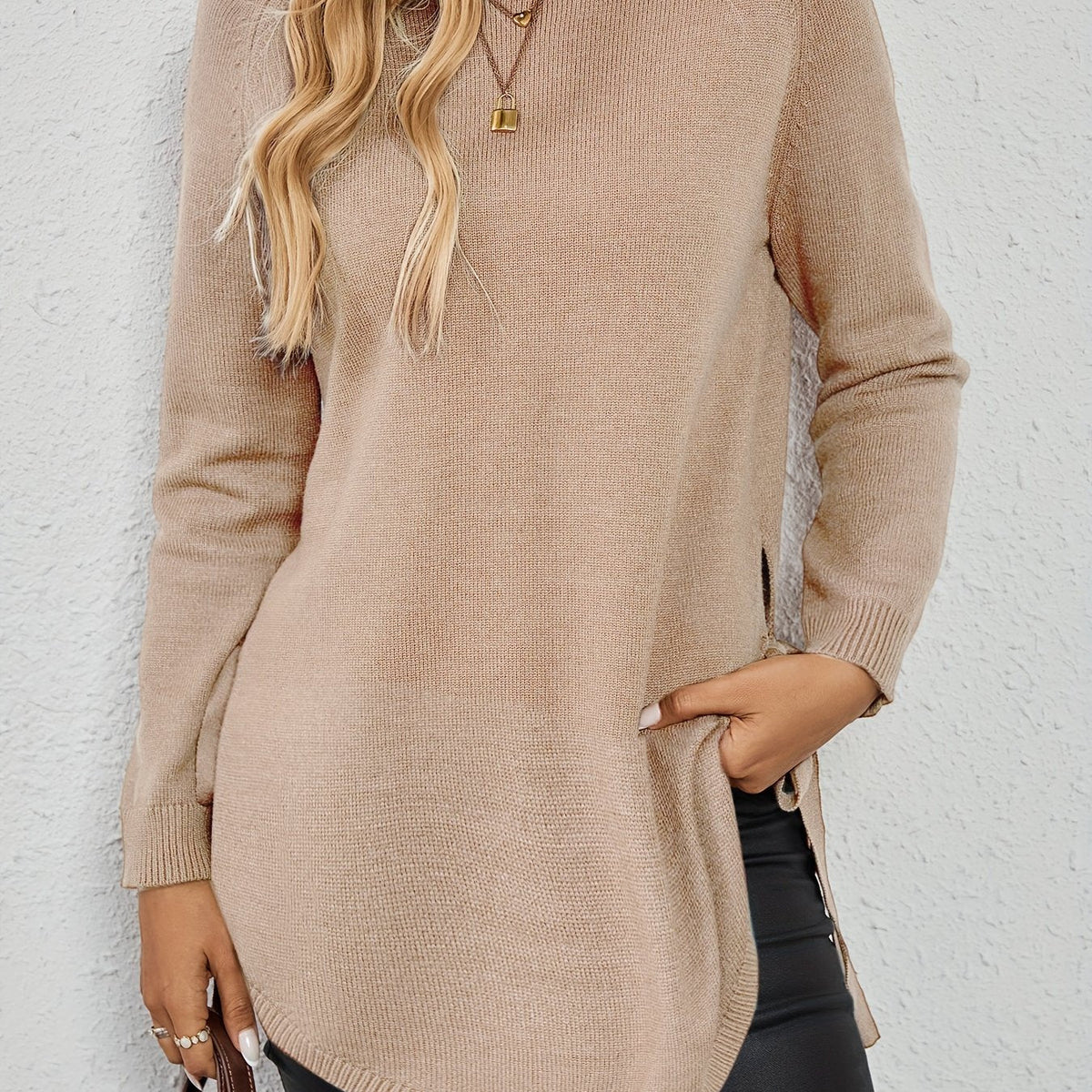 Long-Sleeved Women's Sweater with Side Slits - 15 - Stylewhipped
