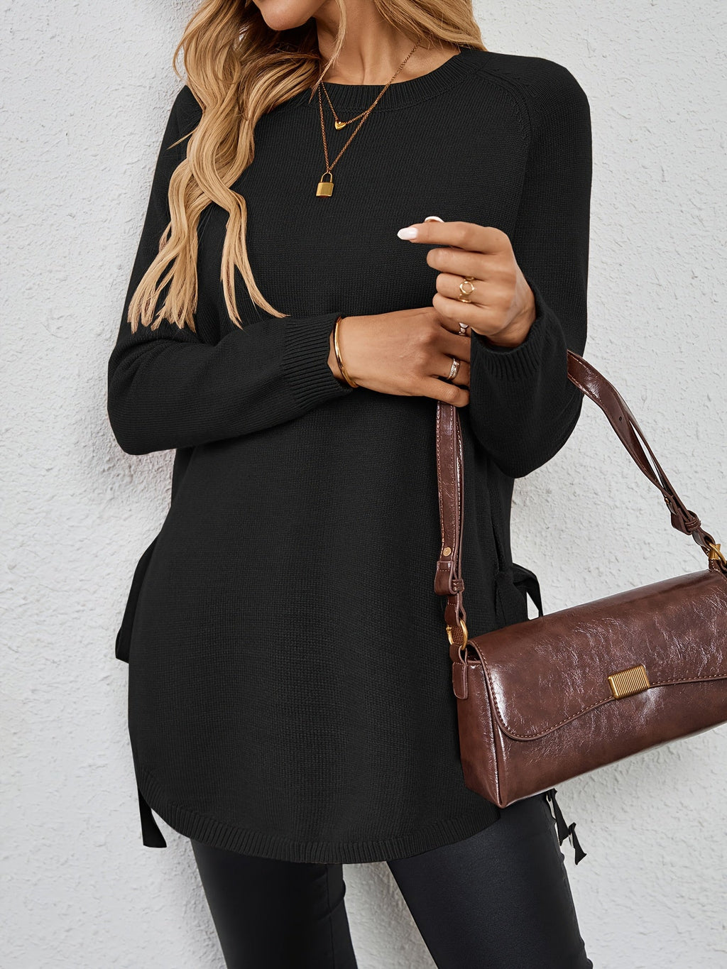 Long-Sleeved Women's Sweater with Side Slits - 26 - Stylewhipped