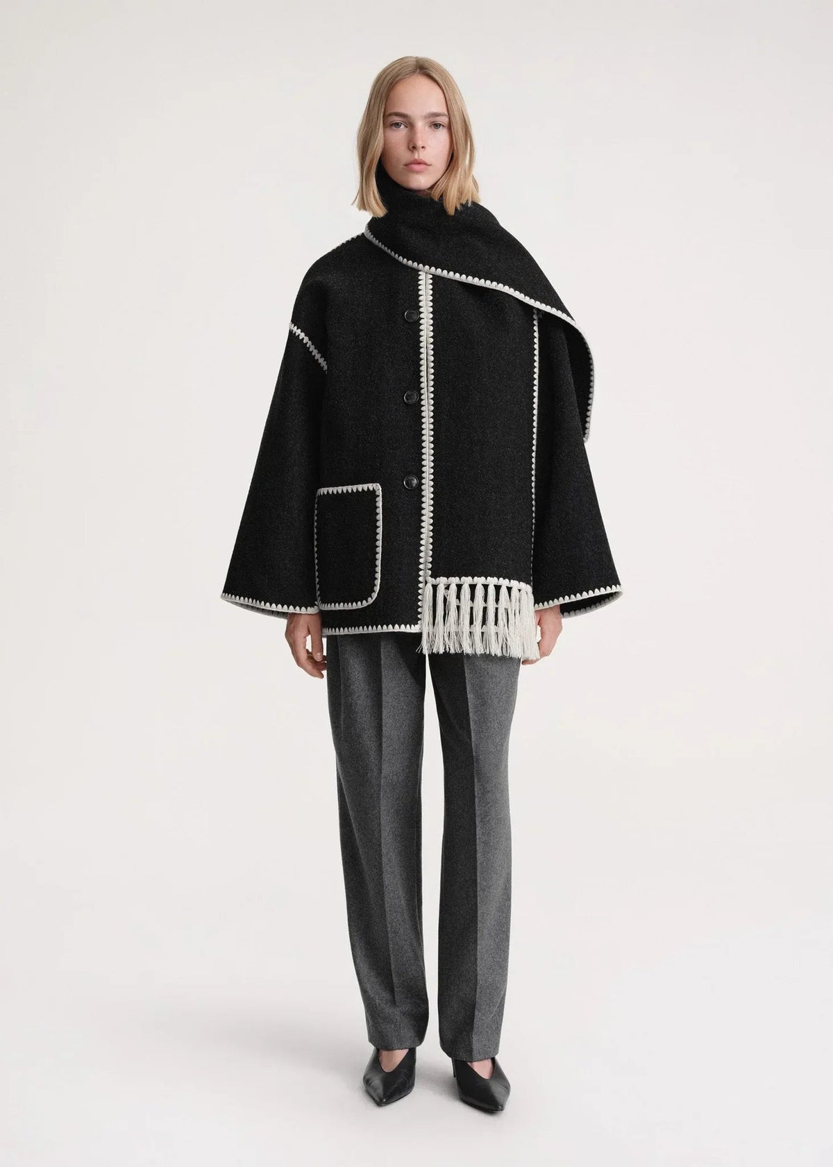 Women's Stylish Wrap Coat with High Collar and Fringe Detail - 1 - Stylewhipped
