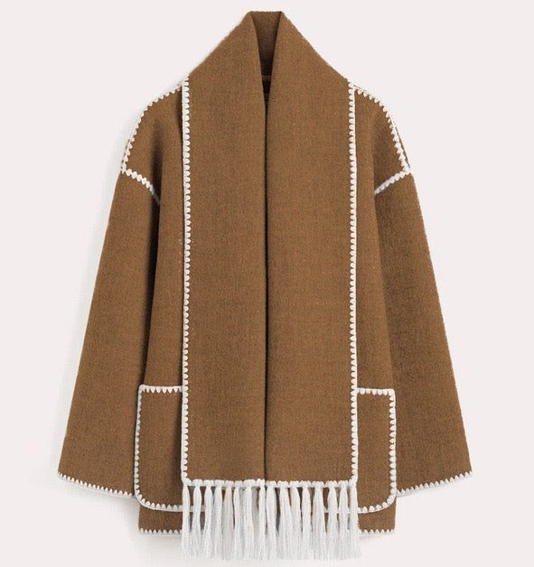 Women's Stylish Wrap Coat with High Collar and Fringe Detail - 3 - Stylewhipped