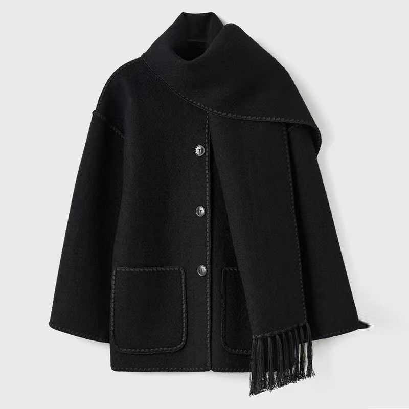Women's Stylish Wrap Coat with High Collar and Fringe Detail - 8 - Stylewhipped