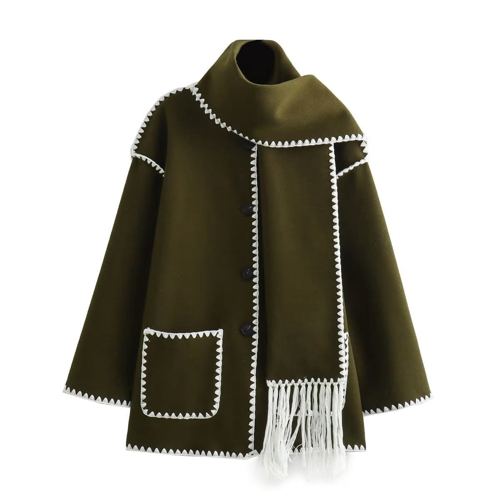 Women's Stylish Wrap Coat with High Collar and Fringe Detail - 9 - Stylewhipped