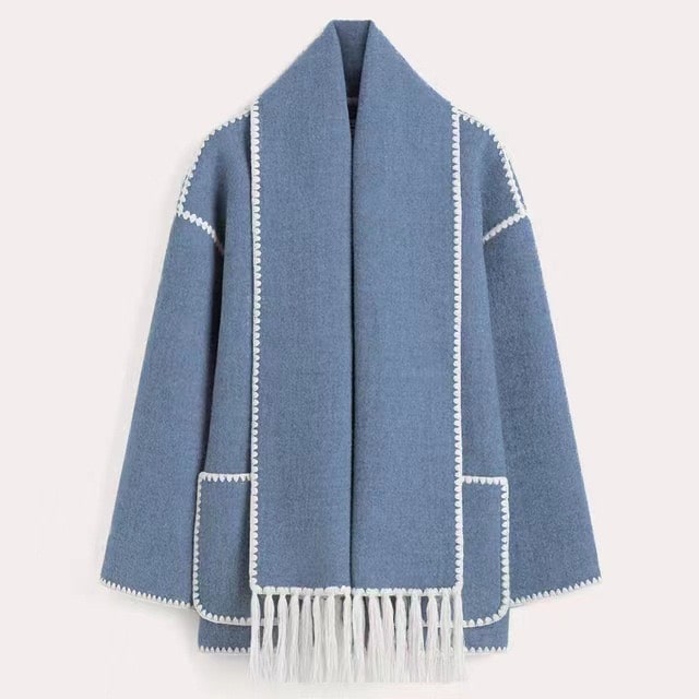 Women's Stylish Wrap Coat with High Collar and Fringe Detail - 10 - Stylewhipped