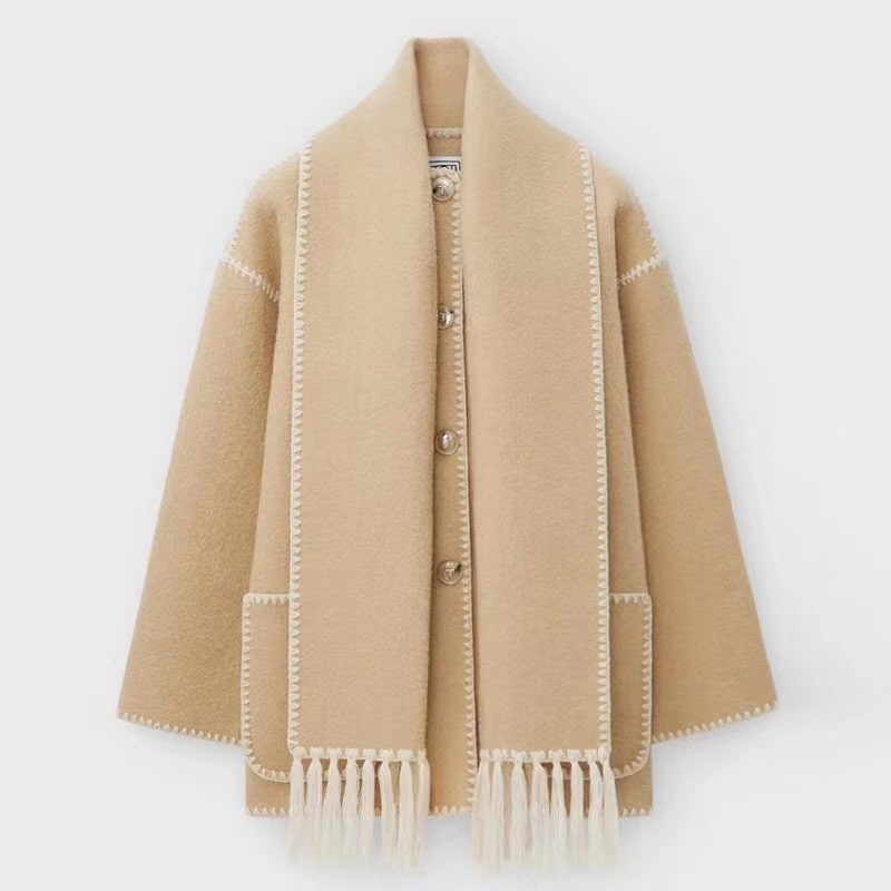 Women's Stylish Wrap Coat with High Collar and Fringe Detail - 11 - Stylewhipped