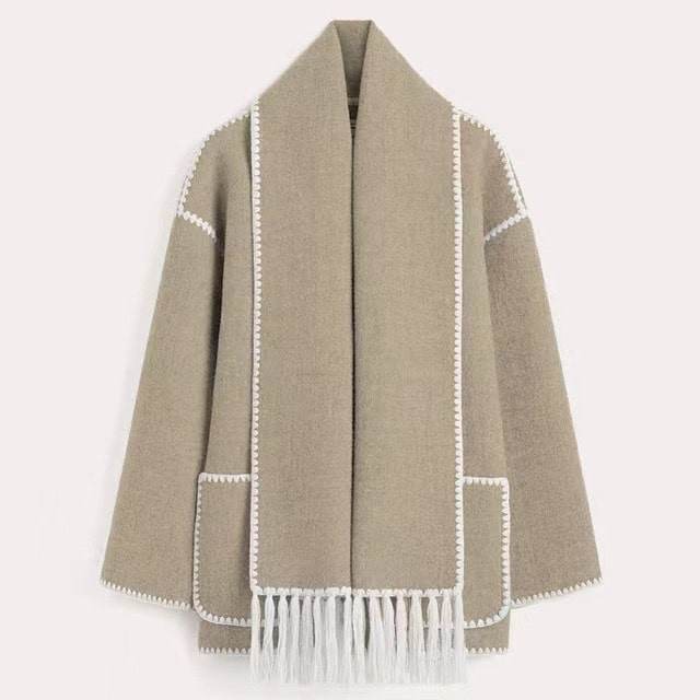 Women's Stylish Wrap Coat with High Collar and Fringe Detail - 12 - Stylewhipped