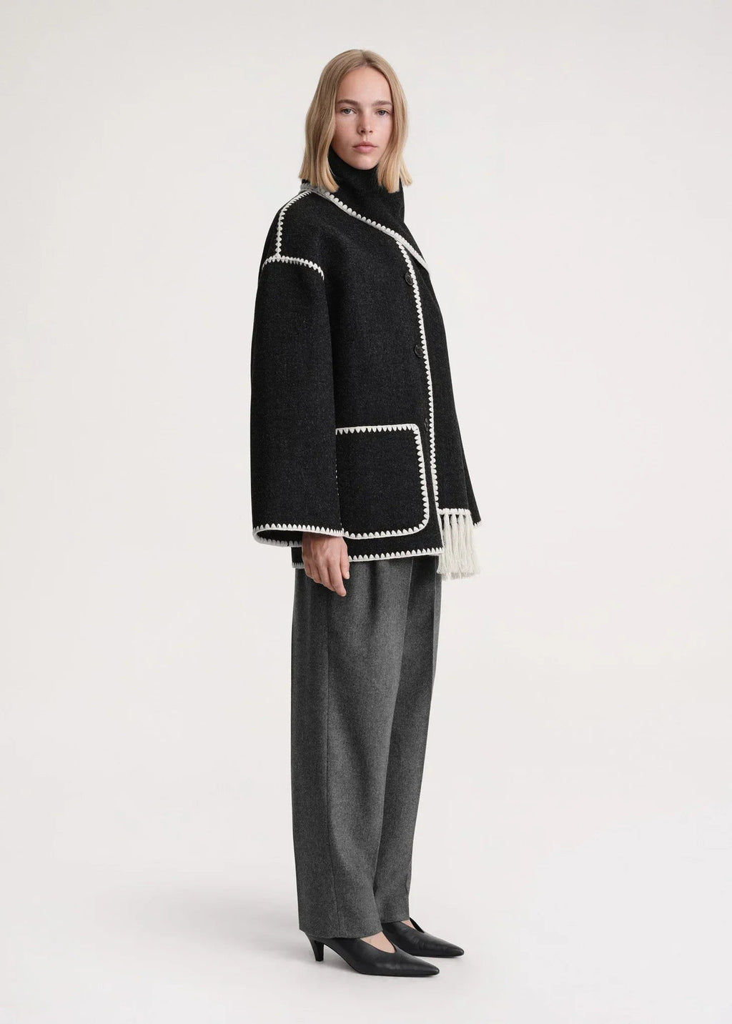 Women's Stylish Wrap Coat with High Collar and Fringe Detail - 14 - Stylewhipped