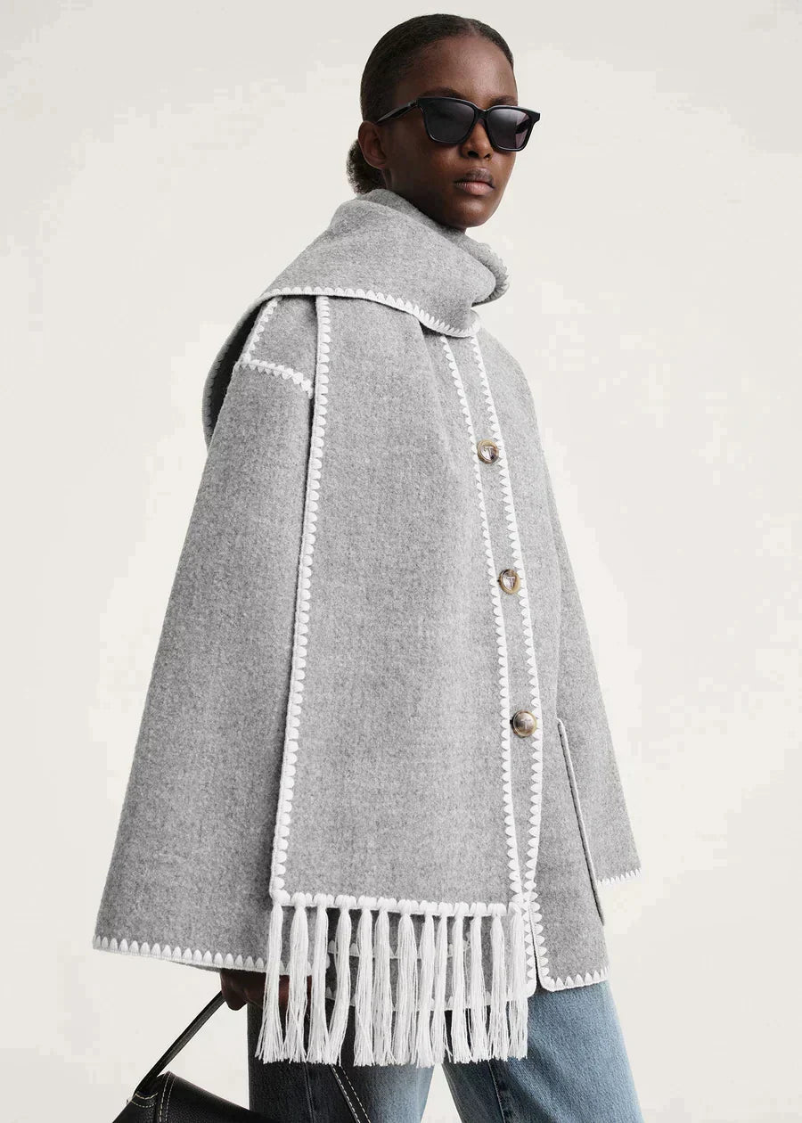 Women's Stylish Wrap Coat with High Collar and Fringe Detail - 19 - Stylewhipped