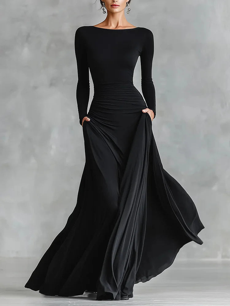 Maxi Dress Women's Fitted Silhouette with Elegant Boat Neck - 1 - Stylewhipped