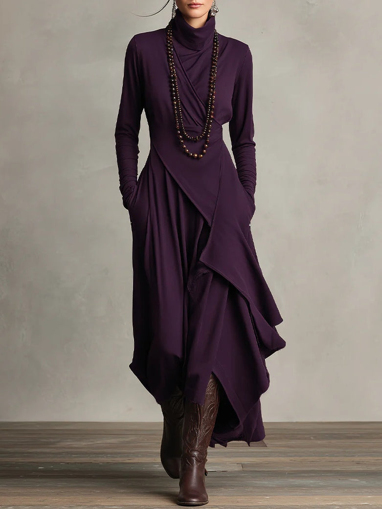 Maxi Dress for Women with Asymmetrical Hem and High Neck - 1 - Stylewhipped