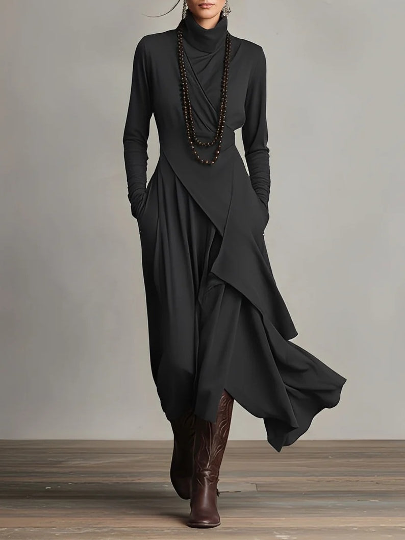 Maxi Dress for Women with Asymmetrical Hem and High Neck - 2 - Stylewhipped