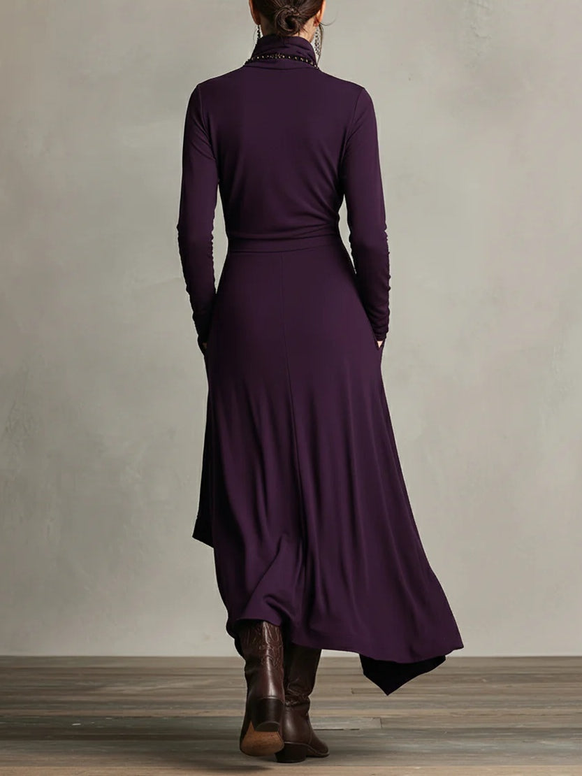 Maxi Dress for Women with Asymmetrical Hem and High Neck - 3 - Stylewhipped