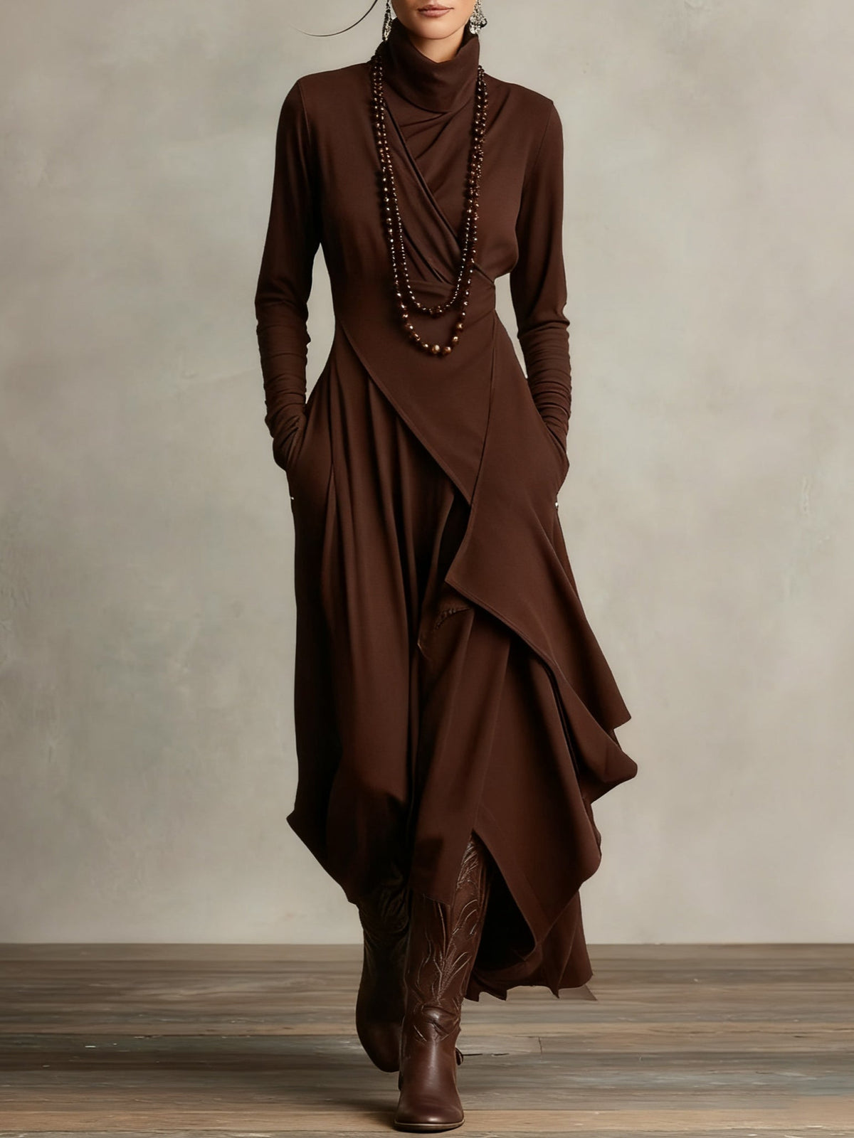 Maxi Dress for Women with Asymmetrical Hem and High Neck - 9 - Stylewhipped