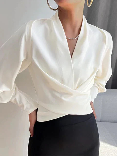 Women's Blouse with Wrap Design and Long Sleeves - 2 - Stylewhipped