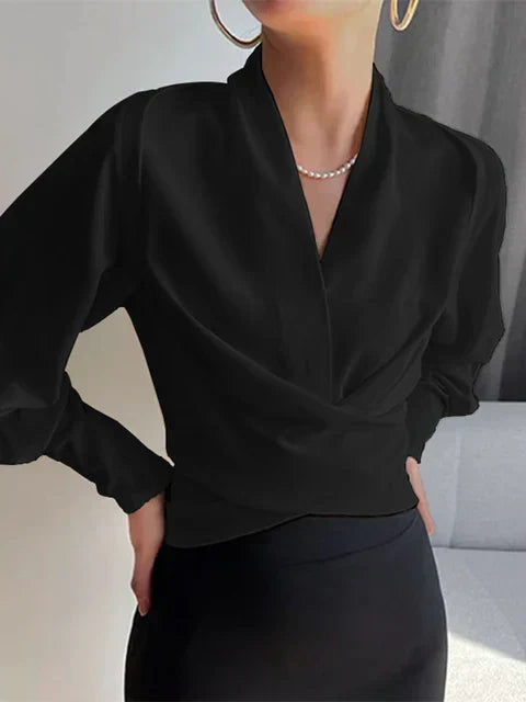 Women's Blouse with Wrap Design and Long Sleeves - 3 - Stylewhipped