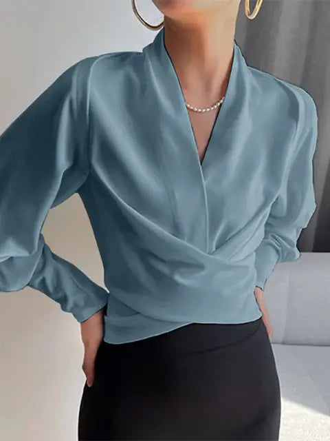 Women's Blouse with Wrap Design and Long Sleeves - 4 - Stylewhipped