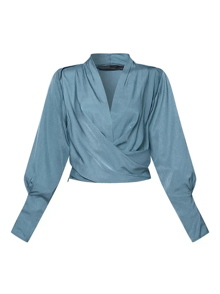 Women's Blouse with Wrap Design and Long Sleeves - 6 - Stylewhipped
