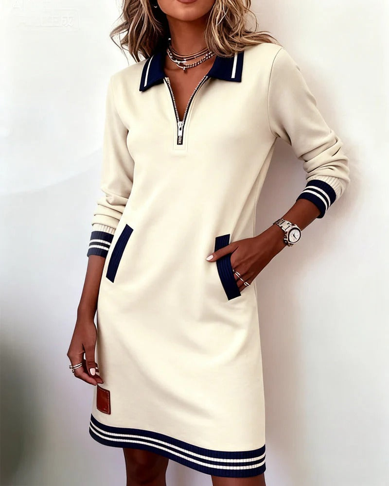 Casual Women's Dress with Zip Neck and Pockets - 2 - Stylewhipped