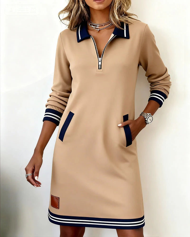 Casual Women's Dress with Zip Neck and Pockets - 3 - Stylewhipped