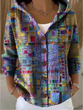 Women’s Hooded Cardigan with Colourful Print and Button Detail - 1 - Stylewhipped