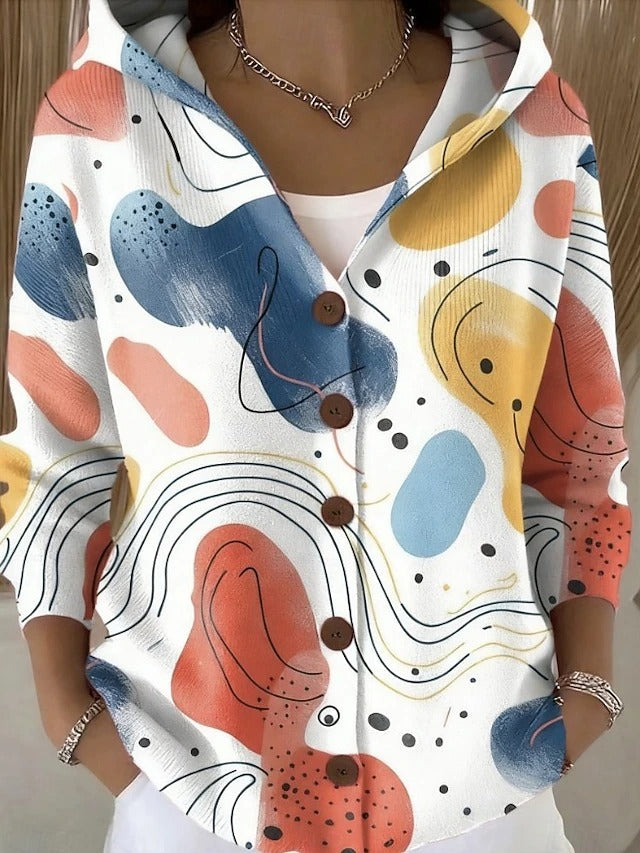 Women’s Hooded Cardigan with Colourful Print and Button Detail - 3 - Stylewhipped