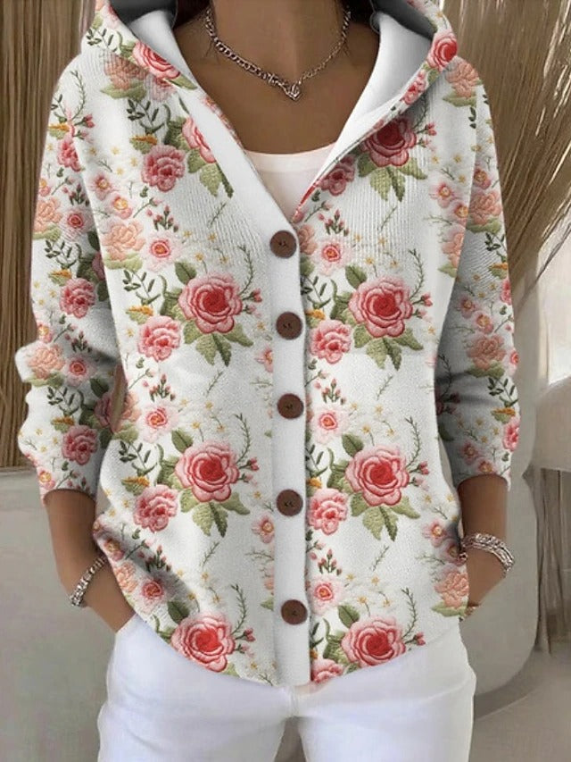 Women’s Hooded Cardigan with Colourful Print and Button Detail - 5 - Stylewhipped