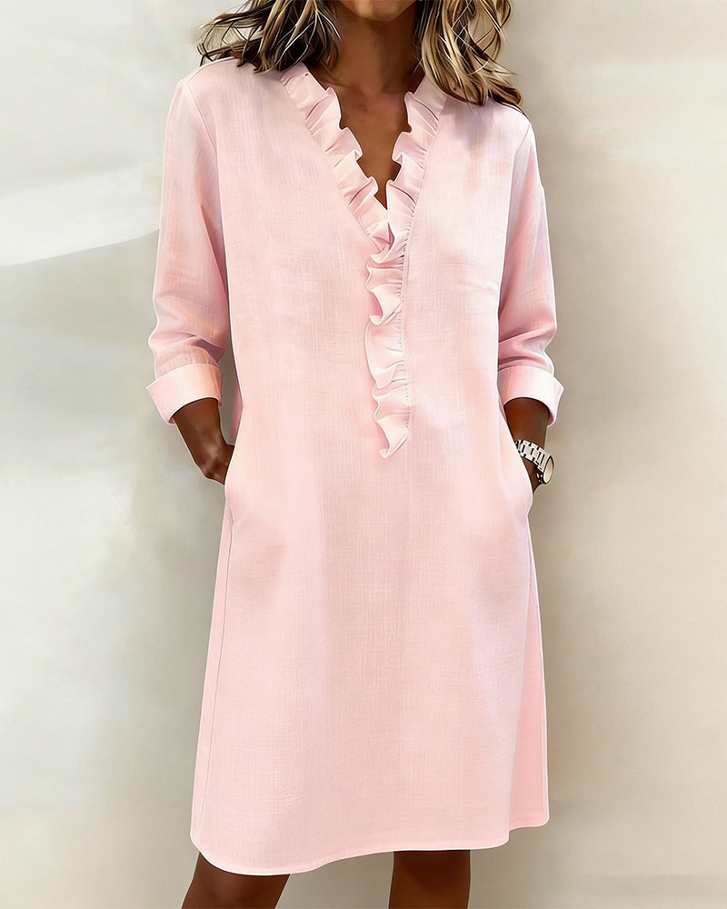 Midi Dress Women V-Neck Ruffled Front with 3/4 Sleeves - 1 - Stylewhipped