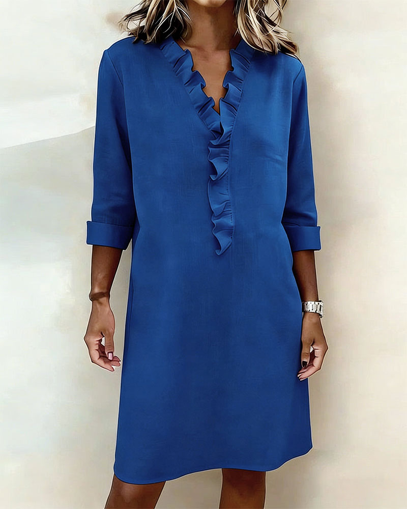 Midi Dress Women V-Neck Ruffled Front with 3/4 Sleeves - 2 - Stylewhipped