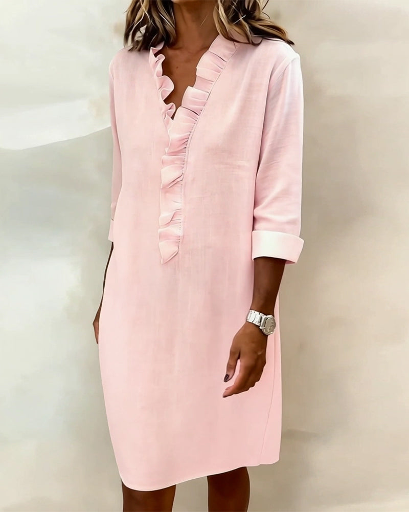 Midi Dress Women V-Neck Ruffled Front with 3/4 Sleeves - 3 - Stylewhipped