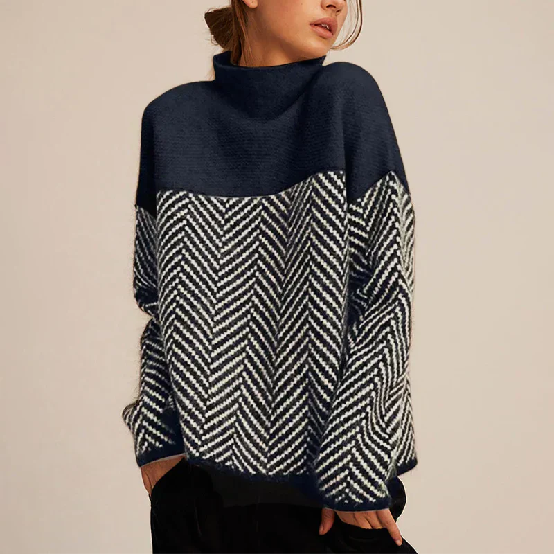 Women's Chic Pullover with High Neck and Chevron Pattern - 1 - Stylewhipped