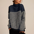 Women's Chic Pullover with High Neck and Chevron Pattern - 1 - Stylewhipped