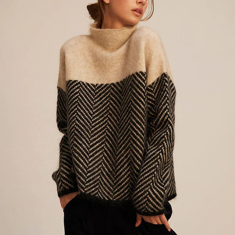 Women's Chic Pullover with High Neck and Chevron Pattern - 2 - Stylewhipped