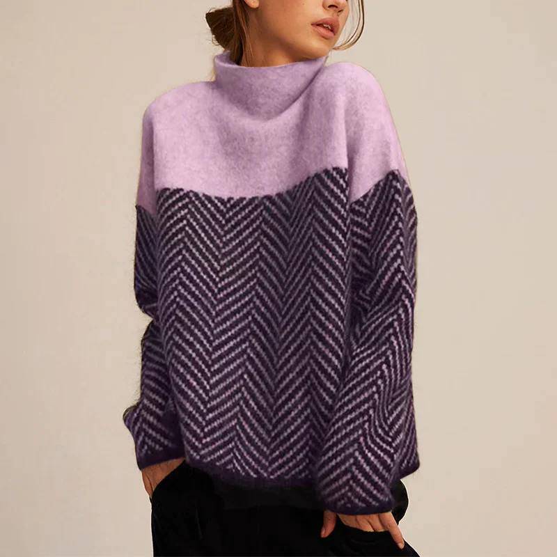 Women's Chic Pullover with High Neck and Chevron Pattern - 3 - Stylewhipped